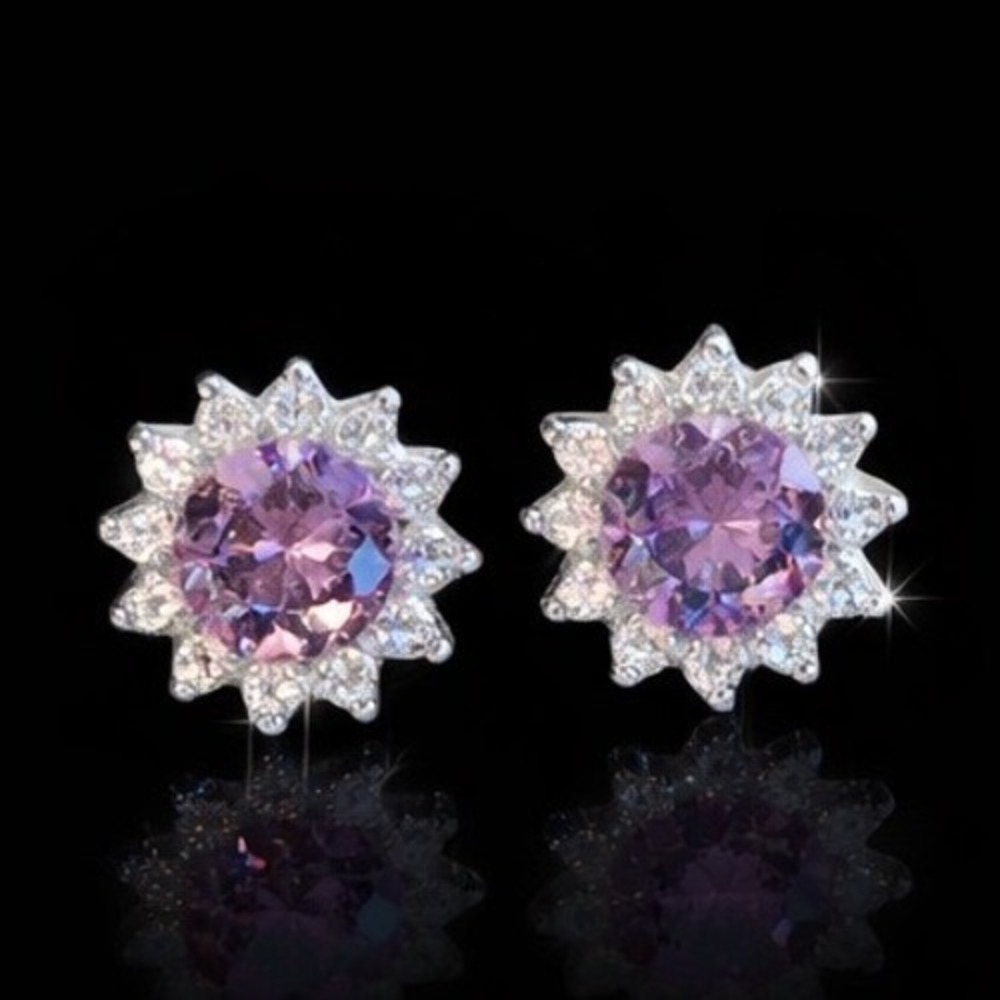 Moissanite Earrings Halo amethyst hue Sunburst Stud Earrings Sterling Silver - Picture 5 of 8